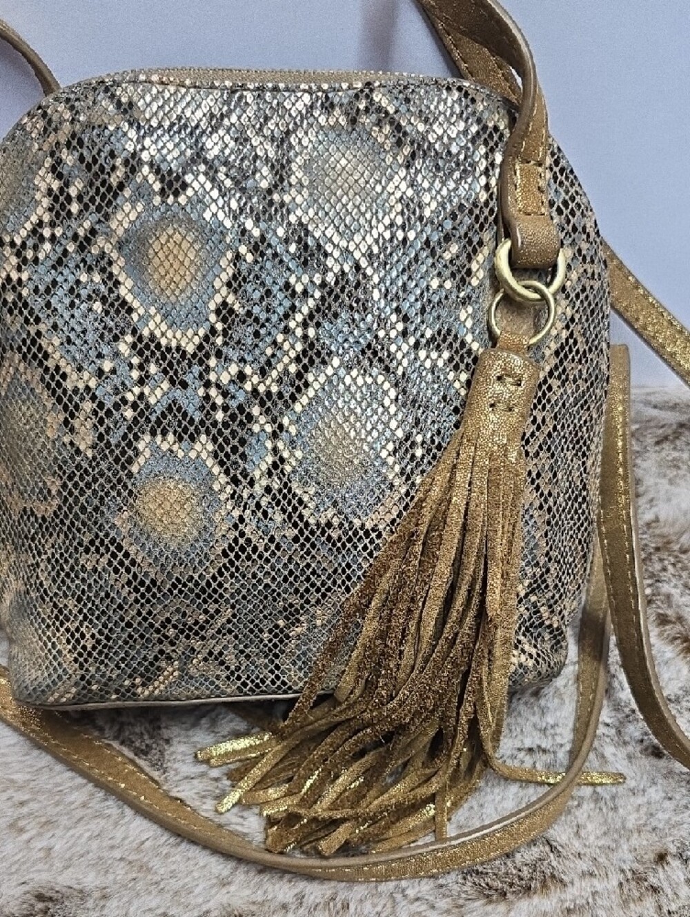 HOBO Metallic Gold Snake-Print Crossbody with Tassel - Picture 2 of 7